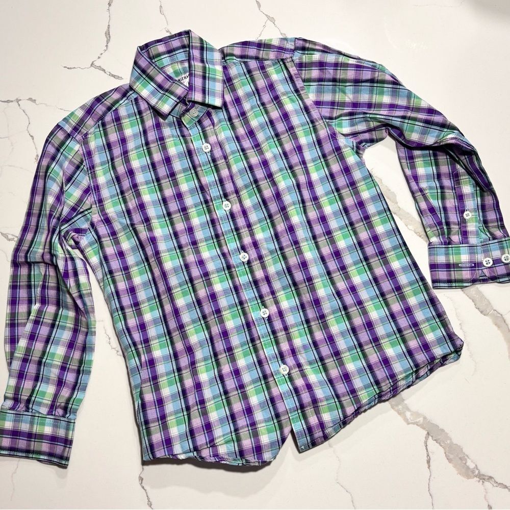 Isaac Mizrahi Boys Purple Blue White Plaid Button Down Casual Dress Shirt Size 6